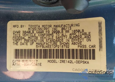 2013 Toyota Corolla S из США, поврежденный, VIN 5YFBU4EE1DP218792